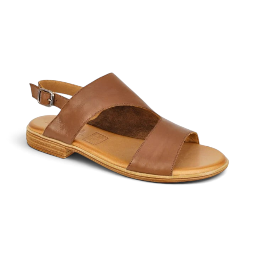 The Happy Shoe Shop Sala Mikey tan leather sandals with an adjustable buckle and flexible sole for women.