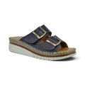 The Happy Shoe Shop Sala Oasis navy leather wedge slides with two gold buckle straps and espadrille-style trim