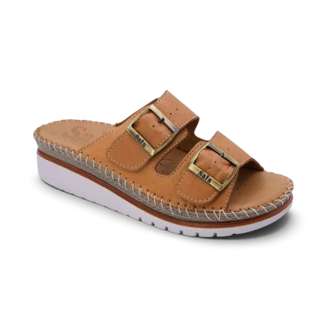 The Happy Shoe Shop Sala Oasis tan leather wedge slides with two adjustable buckle straps and a white cushioned sole.