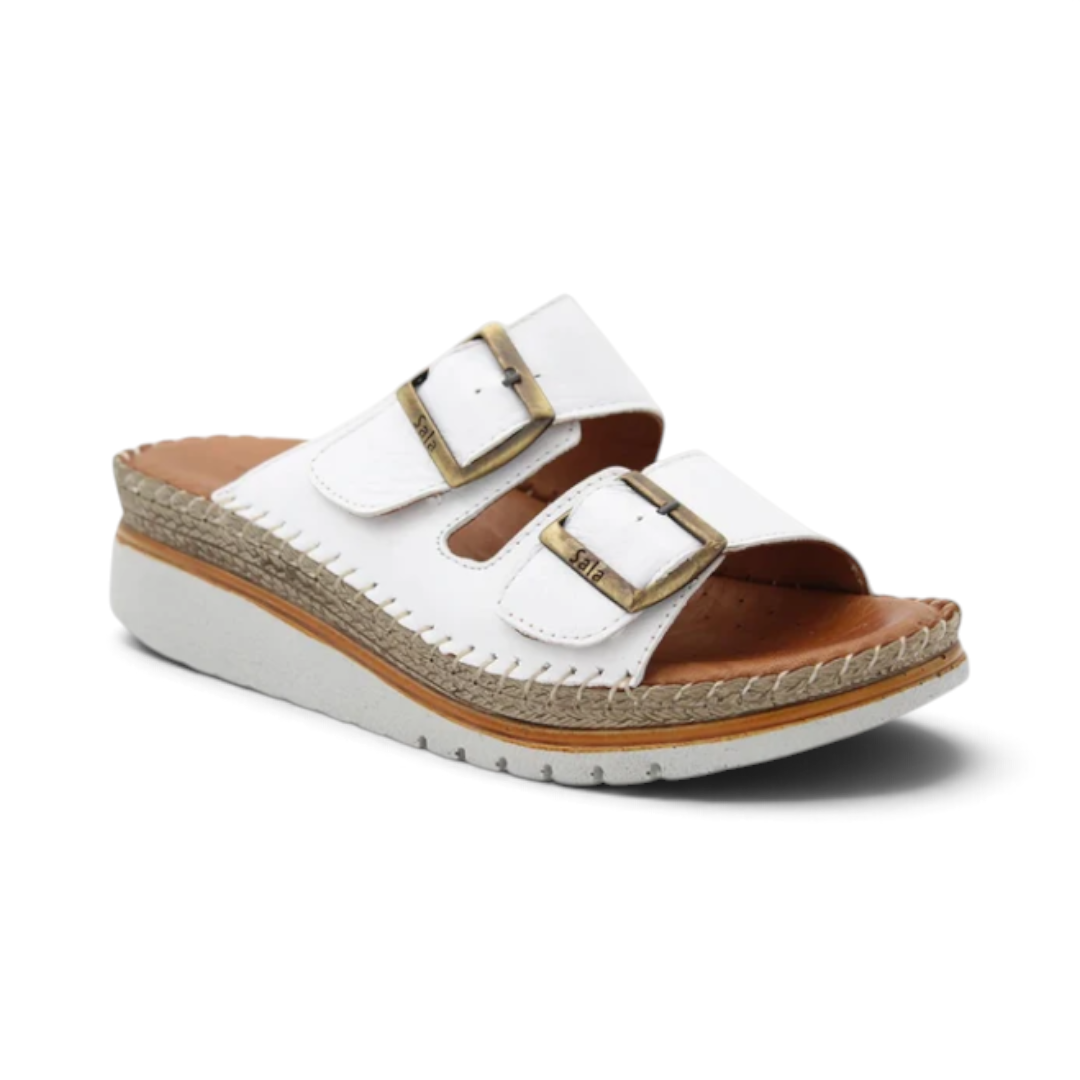 The Happy Shoe Shop Sala Oasis white leather wedge slides with two buckle straps and a cushioned insole.