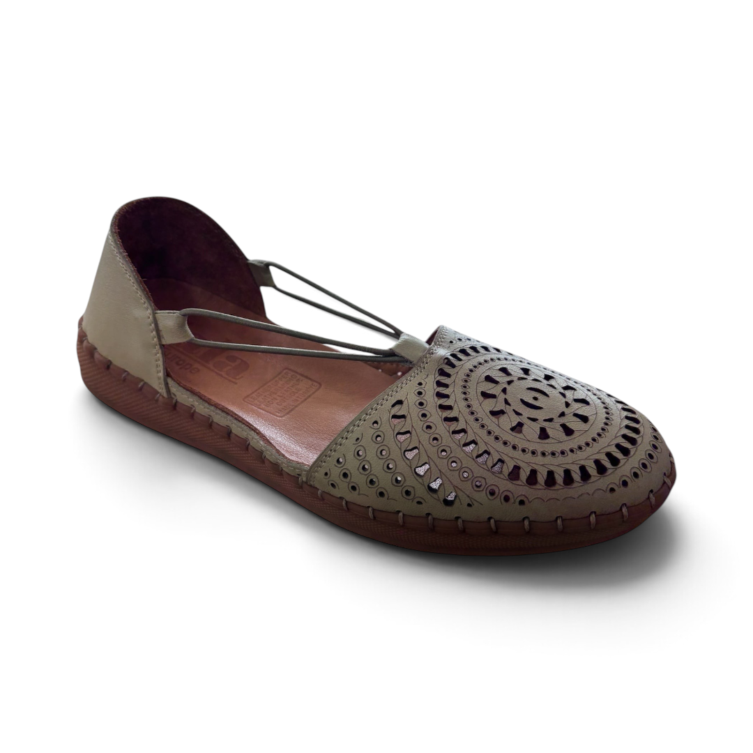 The Happy Shoe Shop Sala Reed flats in olive green with intricate laser-cut floral patterns and a comfortable sole.