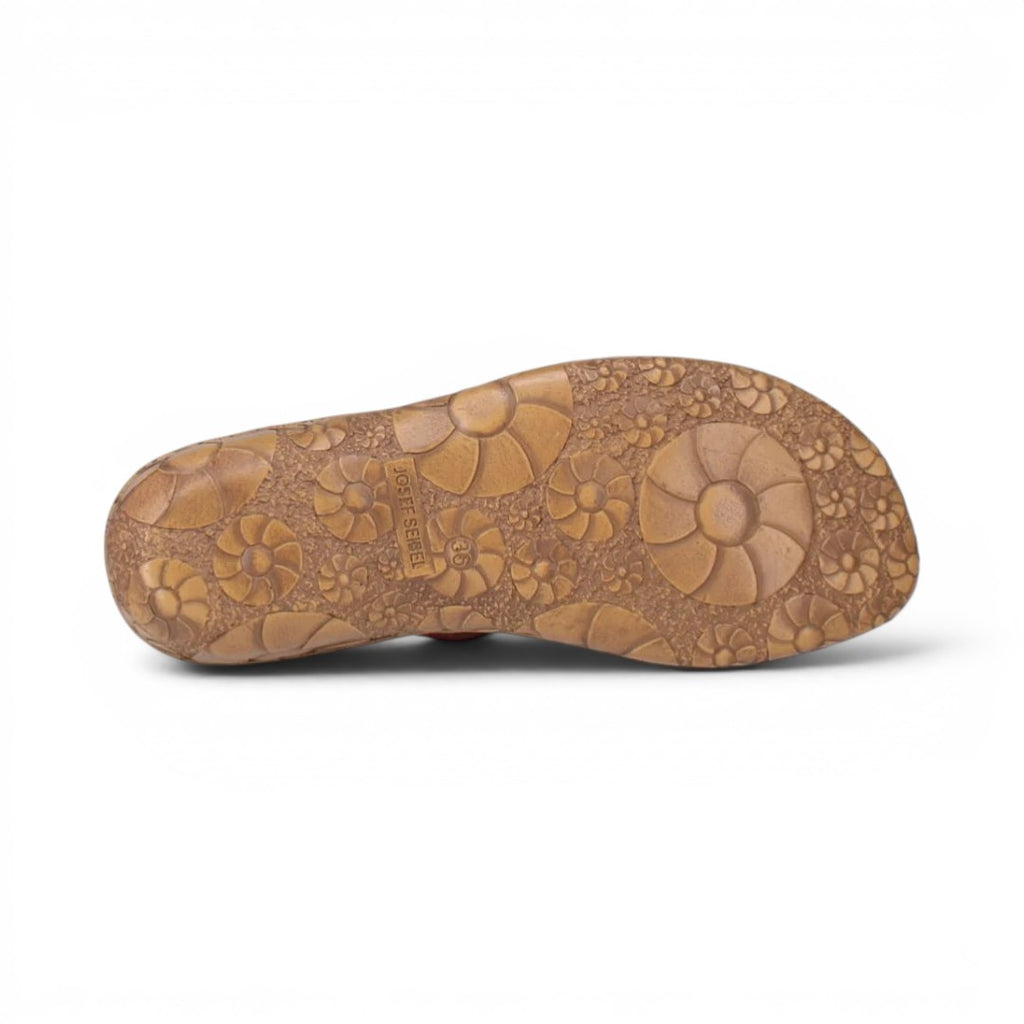 The Happy Shoe Shop Josef Seibel Rosalie 29 sandal showing the brown rubber outsole with a floral tread pattern.