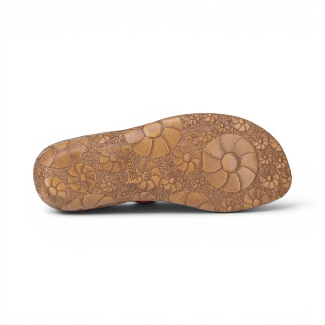 The Happy Shoe Shop Josef Seibel Rosalie 29 sandal showing the brown rubber outsole with a floral tread pattern.