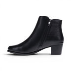 The Happy Shoe Shop Scholl black leather ankle boot with side zip and crocodile embossed heel detail.
