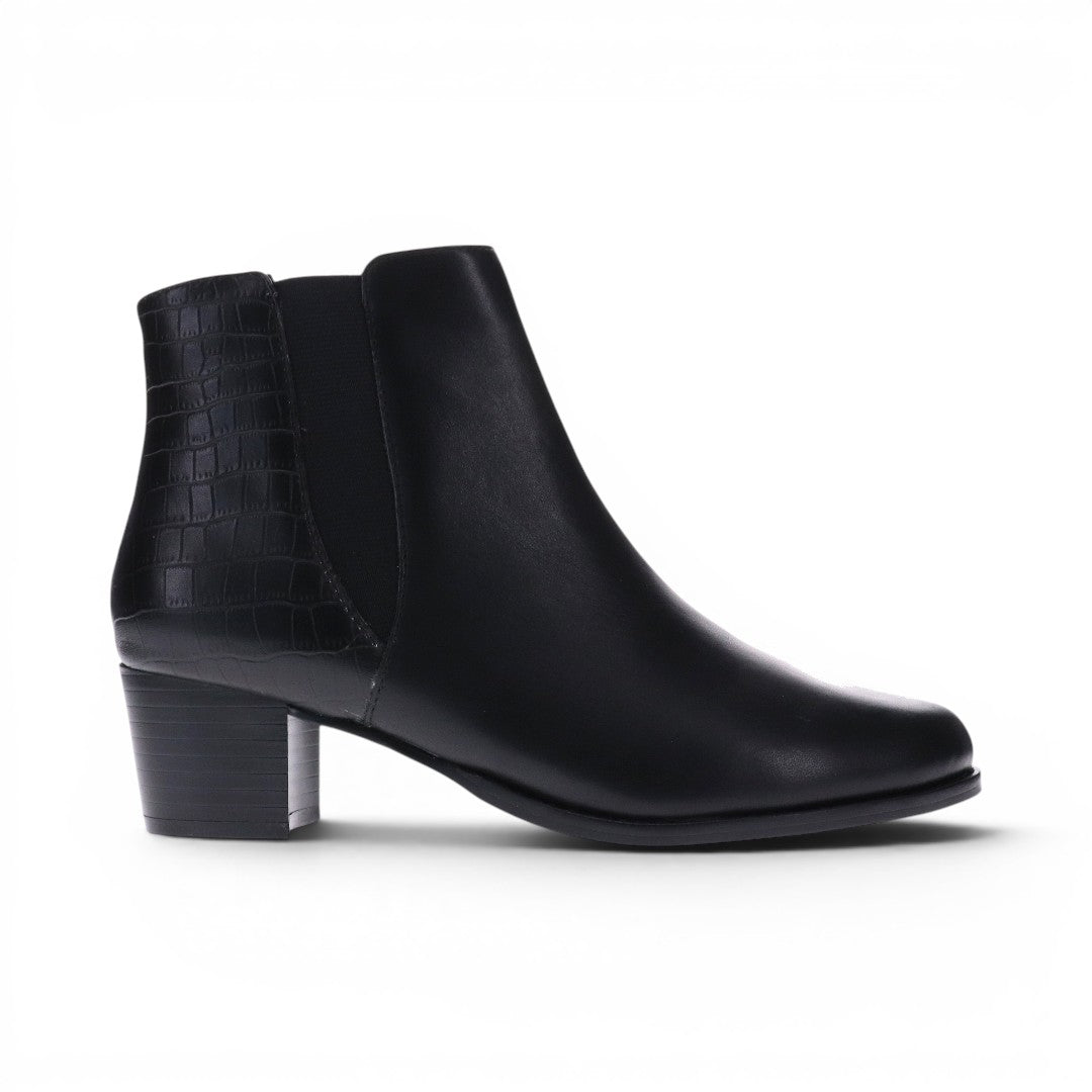 The Happy Shoe Shop Scholl Heaven black leather ankle boot with side zip and croc-effect heel detail.