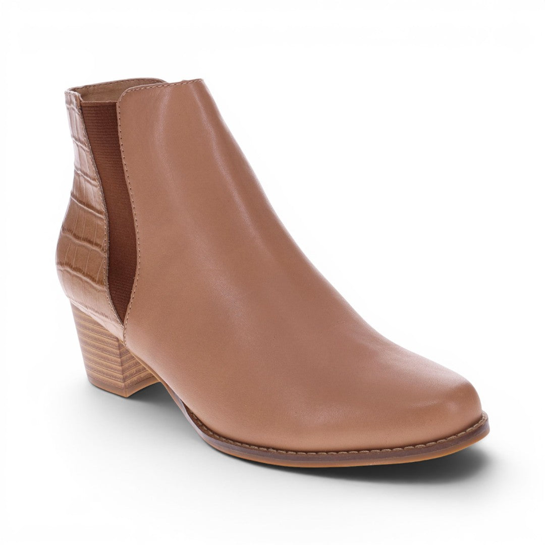 The Happy Shoe Shop Scholl Heaven Zip Boot in tan leather with elasticated side panels and a crocodile-effect heel.