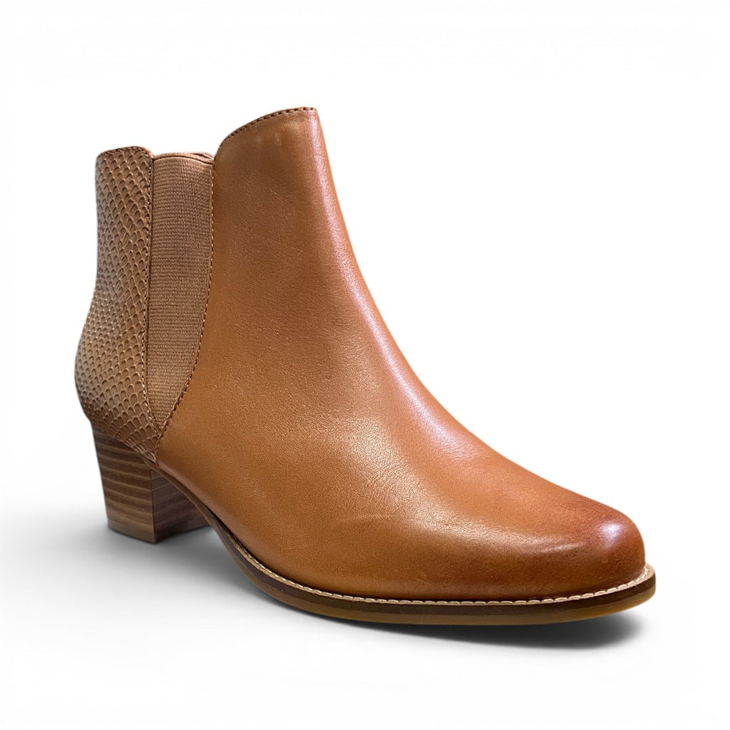 The Happy Shoe Shop Scholl Heaven Zip Boot in tan leather with elasticated side panels and a textured heel.
