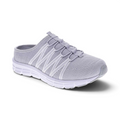 The Happy Shoe Shop Scholl Utopia Knit Mule in light grey with breathable mesh upper and supportive white sole.
