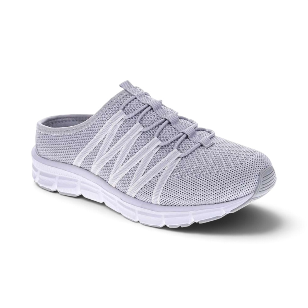 The Happy Shoe Shop Scholl Utopia Knit Mule in light grey with breathable mesh upper and supportive white sole.