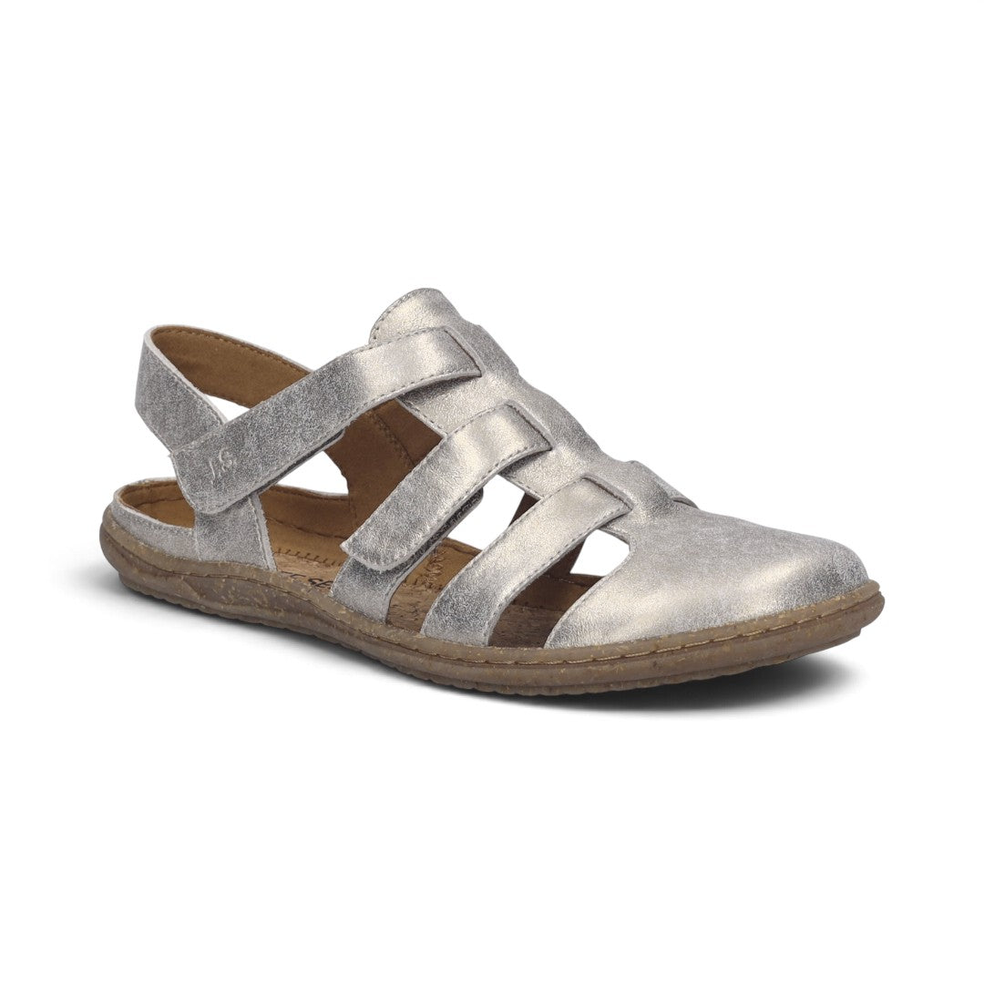 The Happy Shoe Shop Josef Seibel Caitlyn 01 silver leather closed-toe sandal with adjustable Velcro strap.
