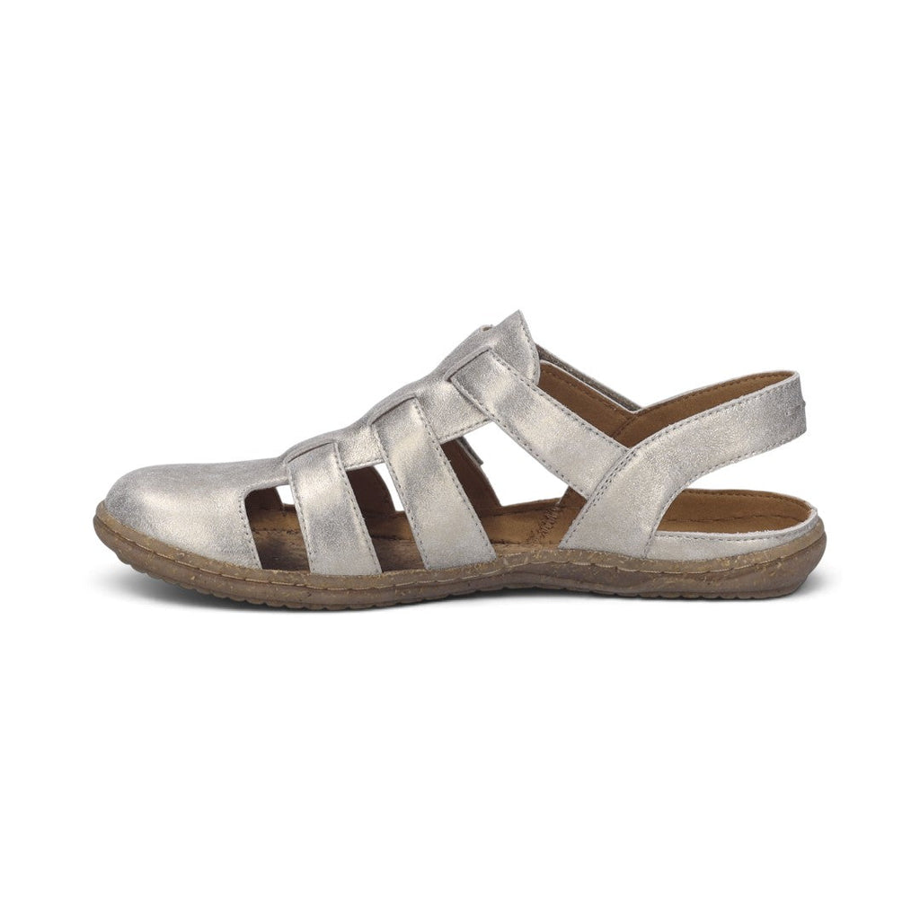 The Happy Shoe Shop Josef Seibel Caitlyn 01 silver leather closed-toe sandal with adjustable strap and rubber sole.