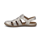 The Happy Shoe Shop Josef Seibel Caitlyn 01 silver leather closed-toe sandal with adjustable strap and rubber sole.