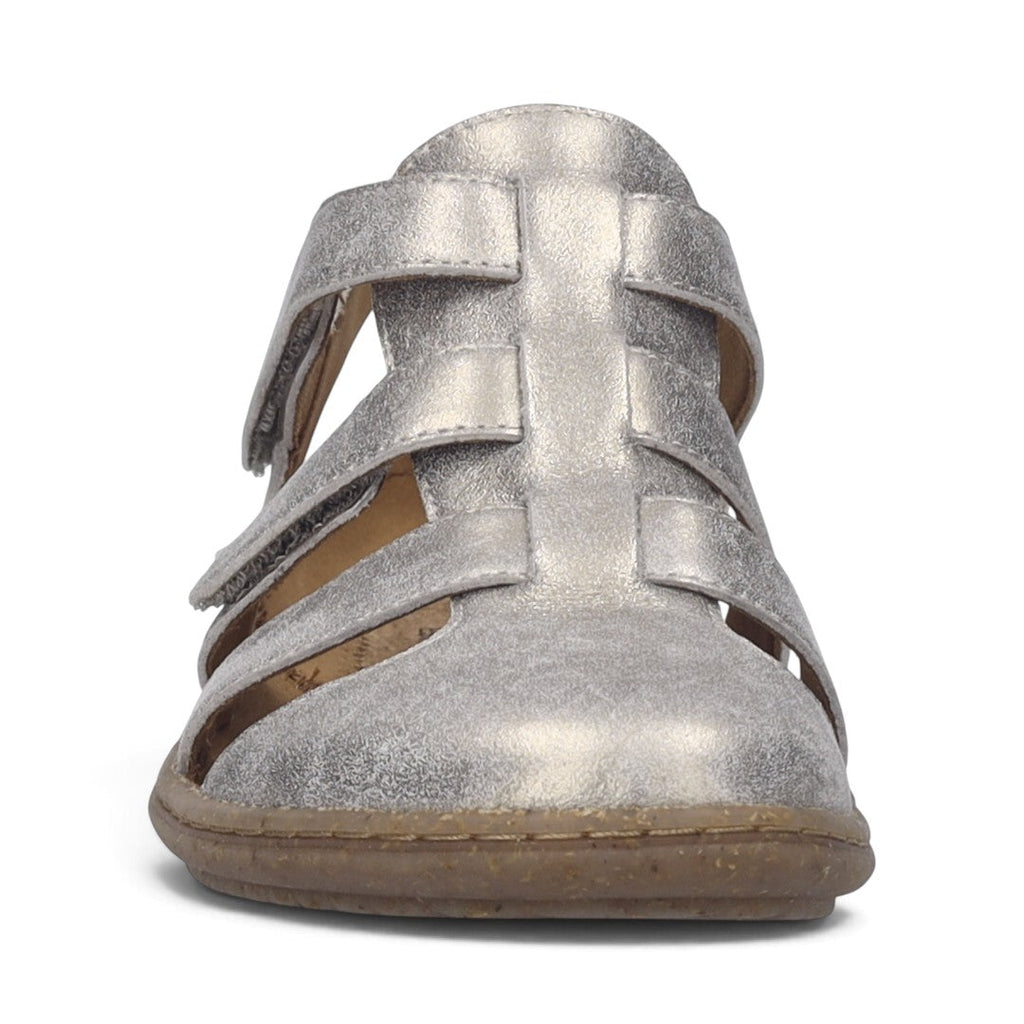 The Happy Shoe Shop Josef Seibel Caitlyn 01 silver leather closed-toe sandal with adjustable Velcro strap