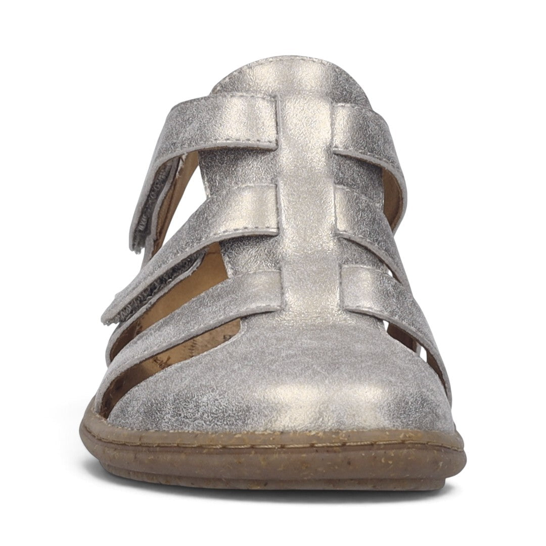 The Happy Shoe Shop Josef Seibel Caitlyn 01 silver leather closed-toe sandal with adjustable Velcro strap