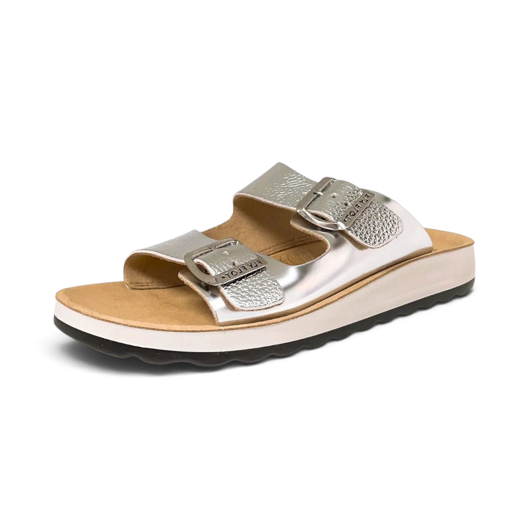The Happy Shoe Shop Fly Flot silver leather slide sandals with adjustable buckle straps and comfortable sole