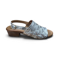 The Happy Shoe Shop Sala Joey silver leather sling back sandal with laser-cut upper and low block heel