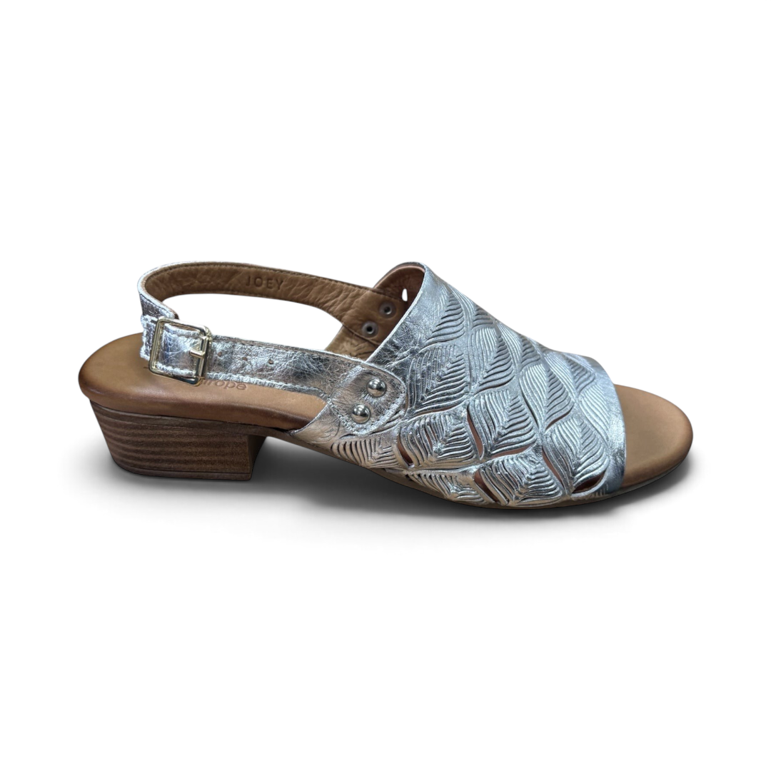 The Happy Shoe Shop Sala Joey silver leather sling back sandal with laser-cut upper and low block heel