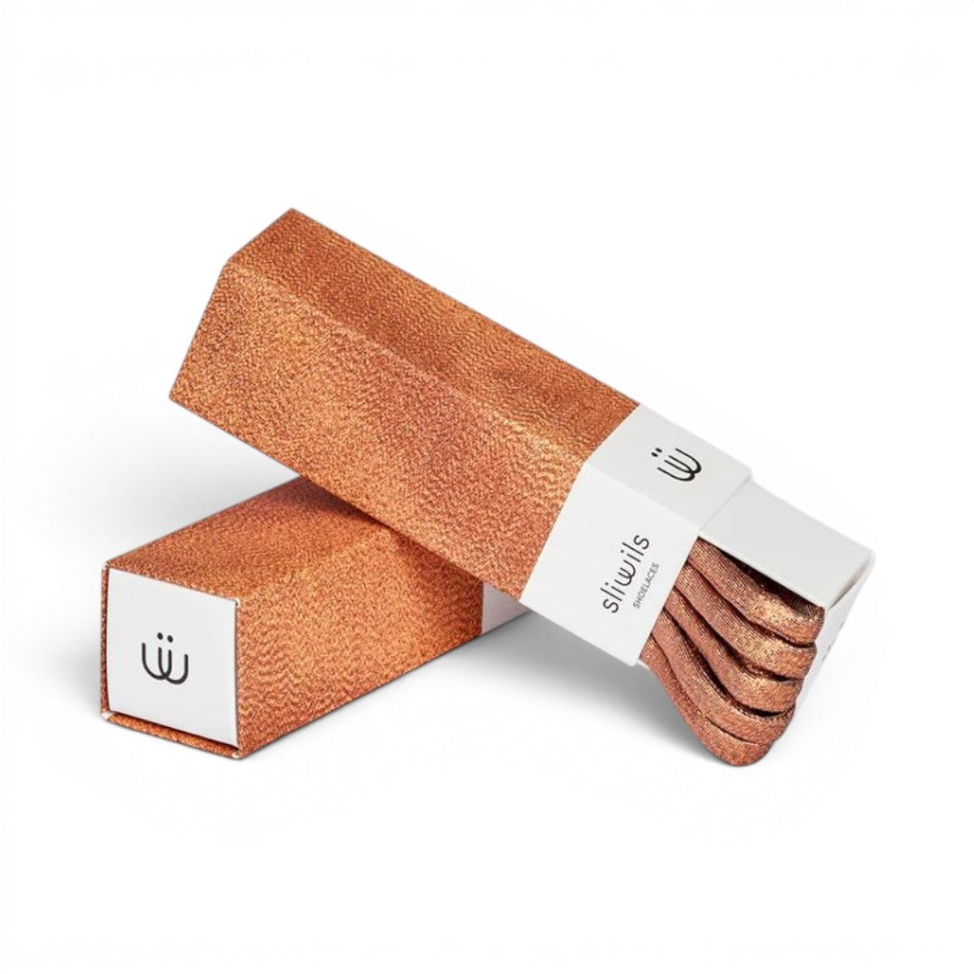 The Happy Shoe Shop Sliwils 120cm copper metallic shoelaces in premium gift box packaging