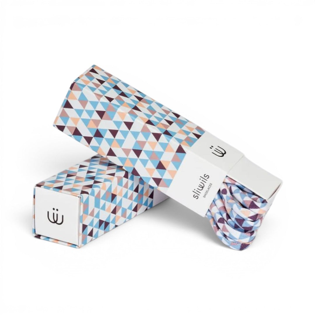 The Happy Shoe Shop Sliwils 120cm shoelaces in a geometric triangle pattern, presented in a branded gift box.
