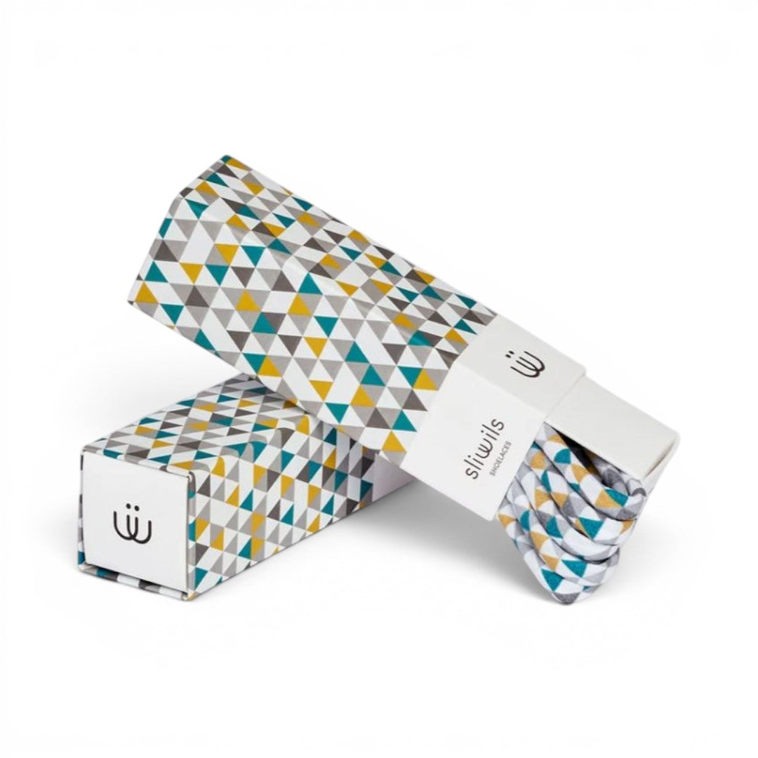The Happy Shoe Shop Sliwils 120cm shoelaces in a geometric triangle pattern, presented in a matching gift box.