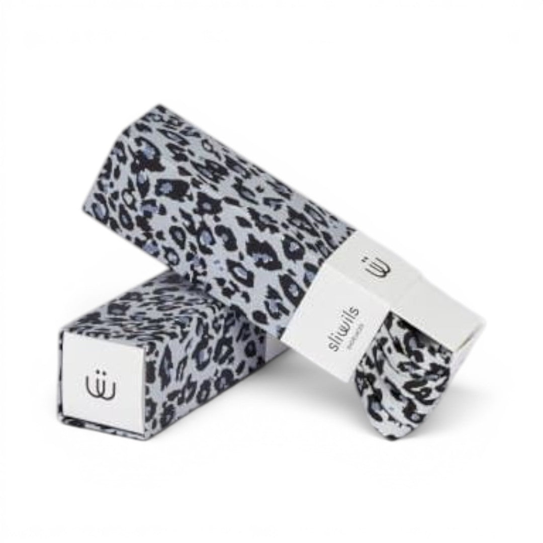 The Happy Shoe Shop Sliwils 120cm shoelaces in a grey and black leopard print pattern inside premium gift packaging.