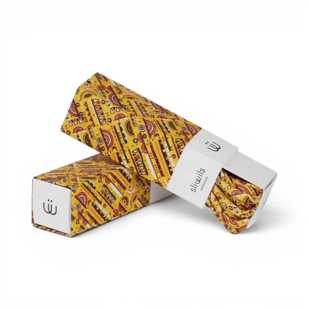 The Happy Shoe Shop Sliwils 120cm shoelaces in a yellow patterned design, presented in premium gift packaging.