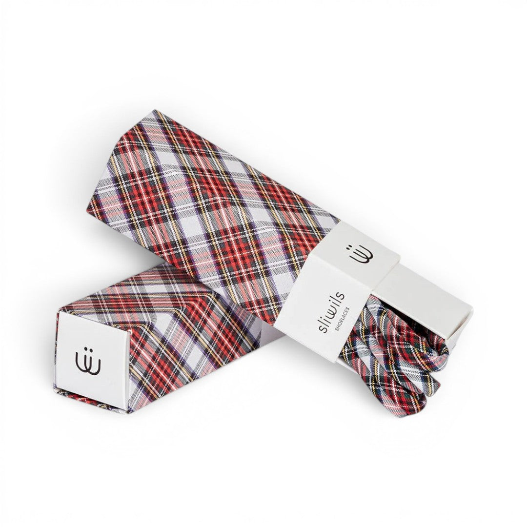 The Happy Shoe Shop Sliwils 120cm shoelaces in a red and white plaid pattern, presented in premium gift packaging.