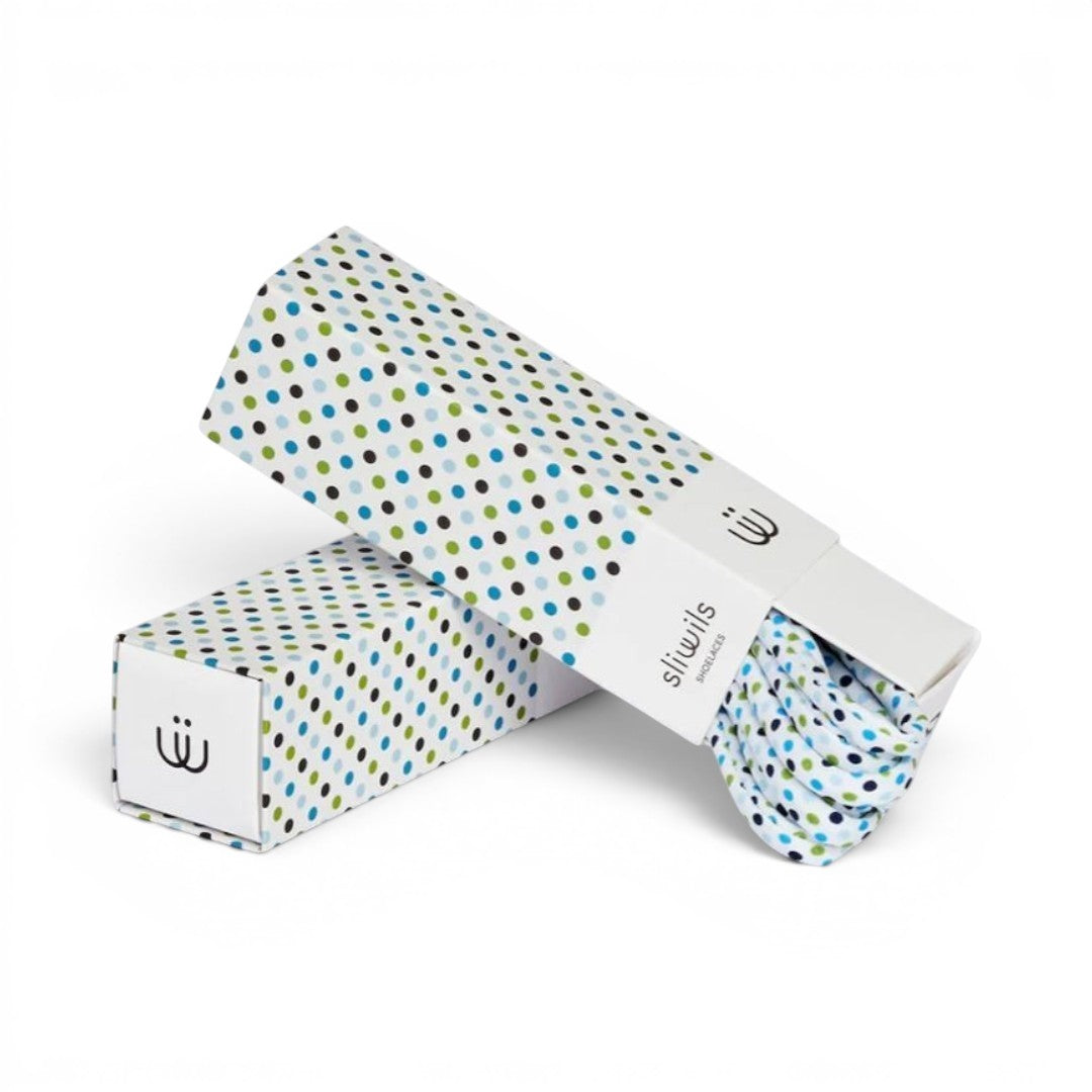 The Happy Shoe Shop Sliwils Lindy Goodness 120cm shoelaces with a blue, green, and black polka dot pattern in a gift box.