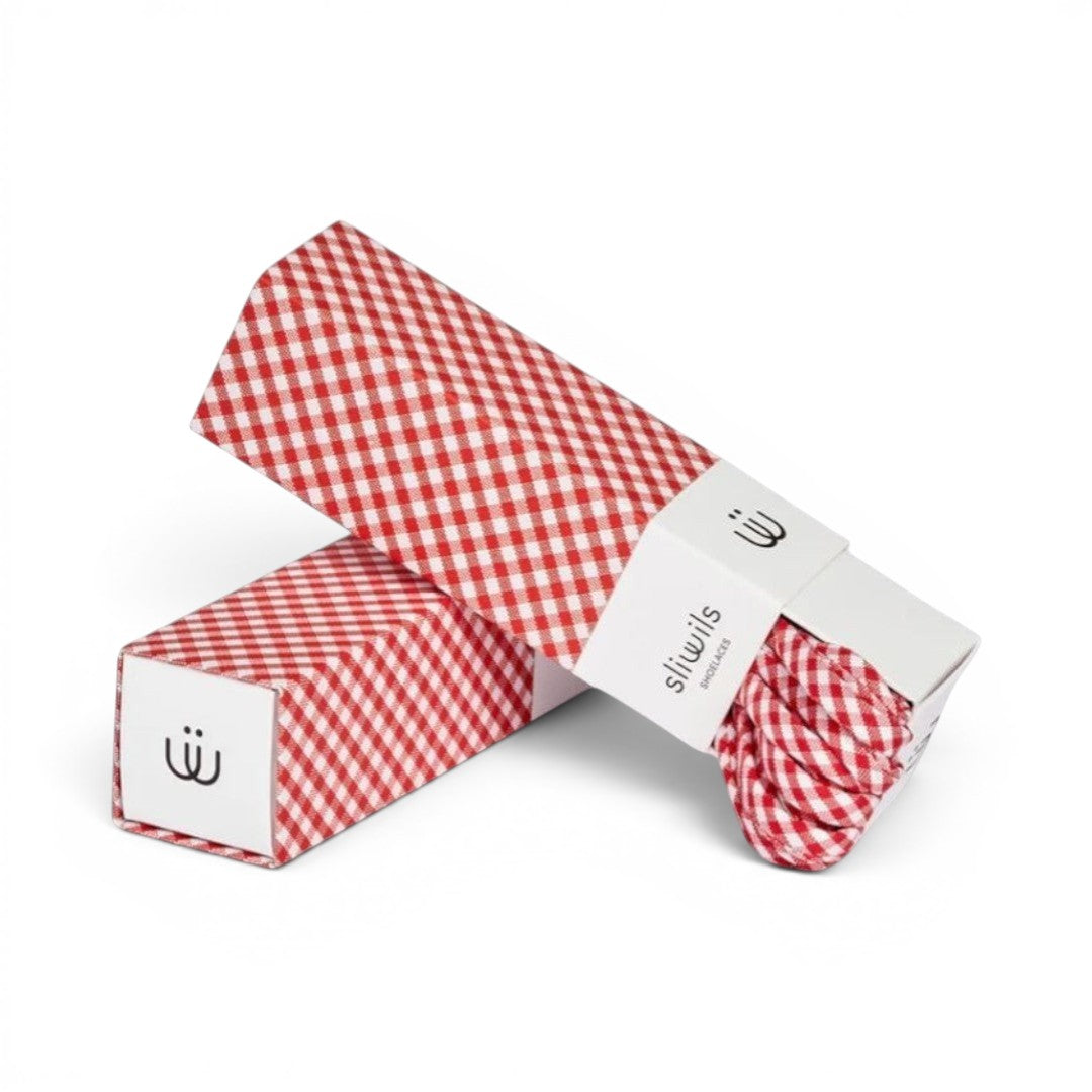 The Happy Shoe Shop Sliwils Goodman red and white vichy checkered shoelaces in premium gift box packaging.