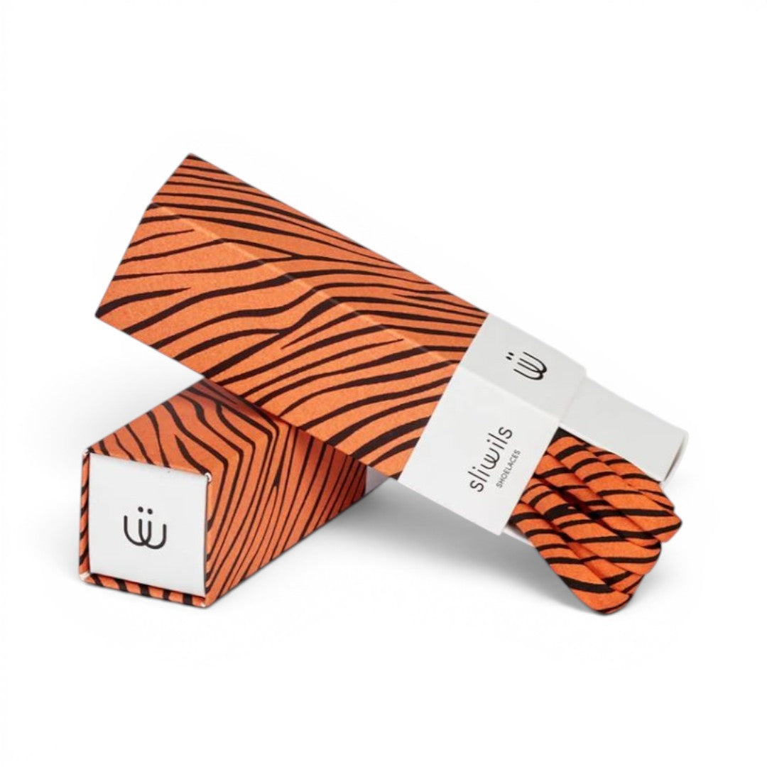 The Happy Shoe Shop Sliwils 120cm shoelaces in orange and black tiger stripe pattern inside a branded gift box.