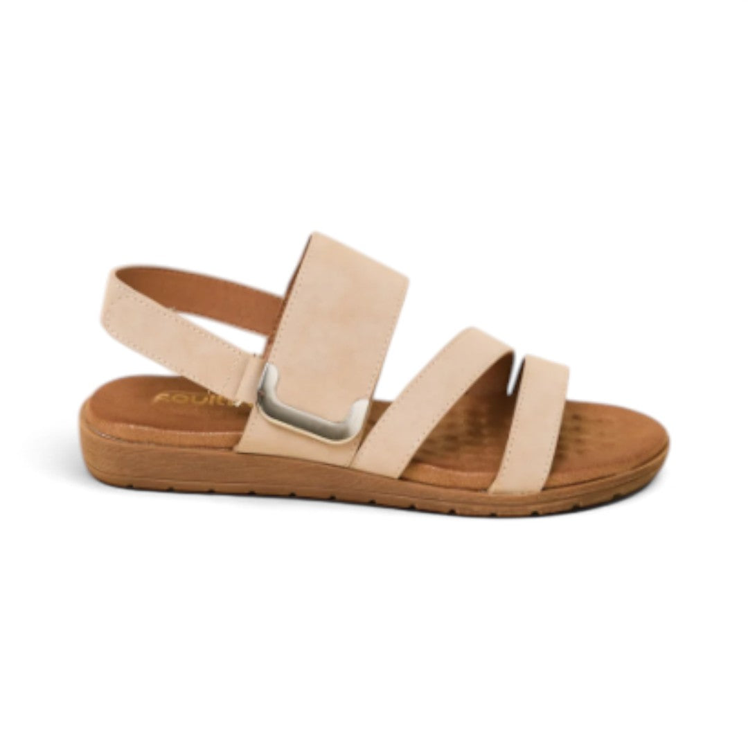 The Happy Shoe Shop Soultbush Flinders beige strappy sandals with metallic buckle and plush bubble footbed