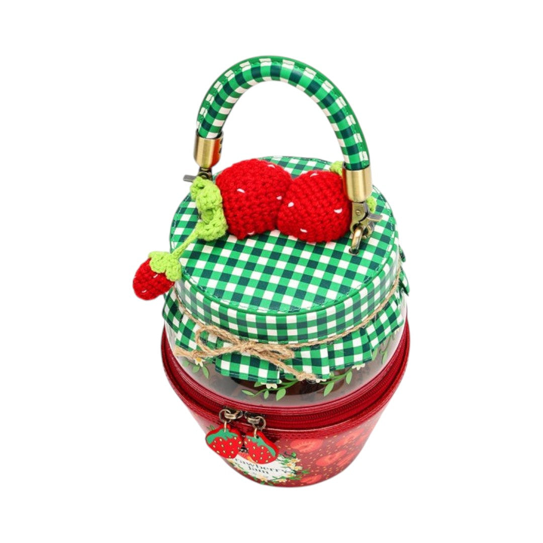 The Happy Shoe Shop Vendula London strawberry jam jar bag with green gingham lid and 3D knitted strawberry accents