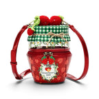 The Happy Shoe Shop Vendula London strawberry jam jar shaped crossbody bag with 3D knitted strawberries and red strap