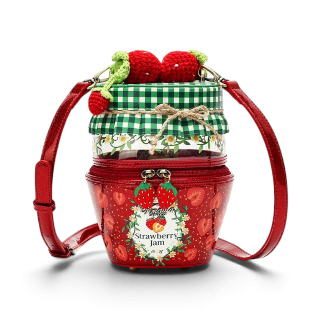 The Happy Shoe Shop Vendula London strawberry jam jar shaped crossbody bag with 3D knitted strawberries and red strap