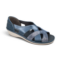 The Happy Shoe Shop Suave Vichy blue leather sandal with an elastic strap, V-shaped vamp, and orthotic-friendly fit.