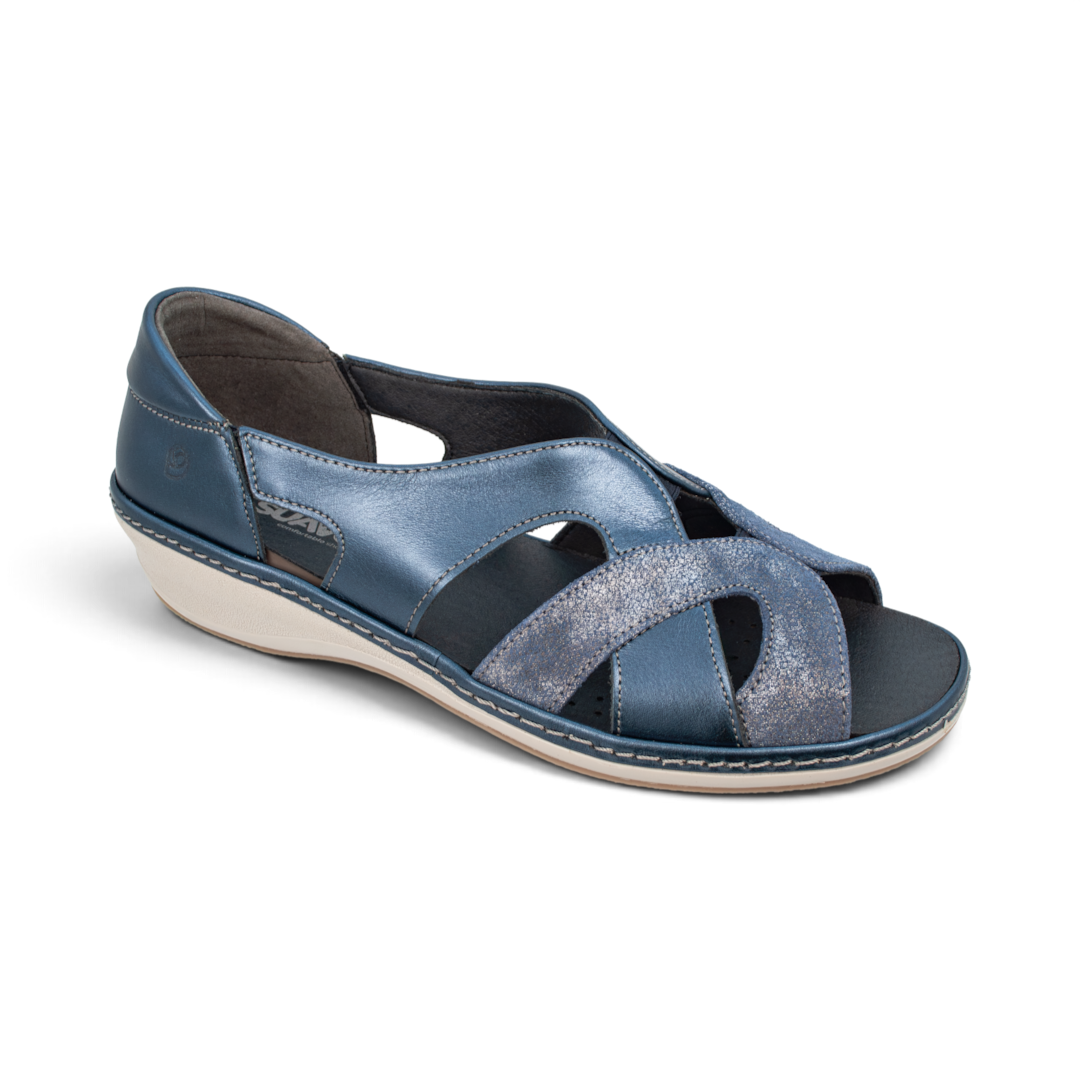 The Happy Shoe Shop Suave Vichy blue leather sandal with an elastic strap, V-shaped vamp, and orthotic-friendly fit.