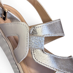 The Happy Shoe Shop Sundowner Satina sandal featuring metallic silver multi-strap design and adjustable ankle buckle.