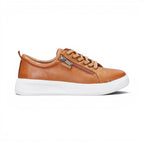 The Happy Shoe Shop Le Sansa Nelly tan leather sneakers with functional side zip, cord laces, and white platform sole.