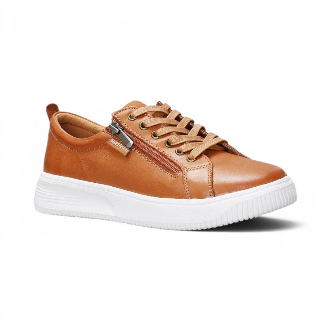 The Happy Shoe Shop Le Sansa Nelly tan leather sneakers with side zip detail and white platform sole.