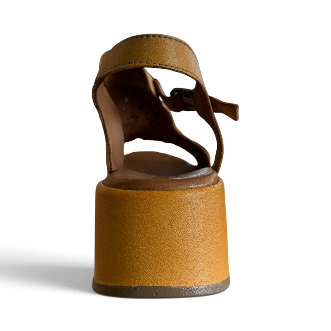 The Happy Shoe Shop Rilassare Petula tan leather wedge sandals, back view showing the platform heel and ankle strap.