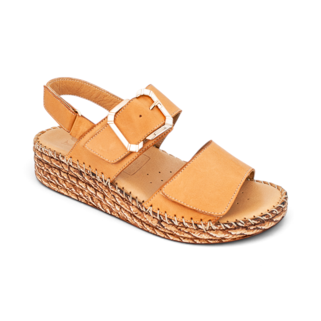 The Happy Shoe Shop Sala Manitu tan leather wedge sandal with adjustable buckle strap and braided jute platform sole