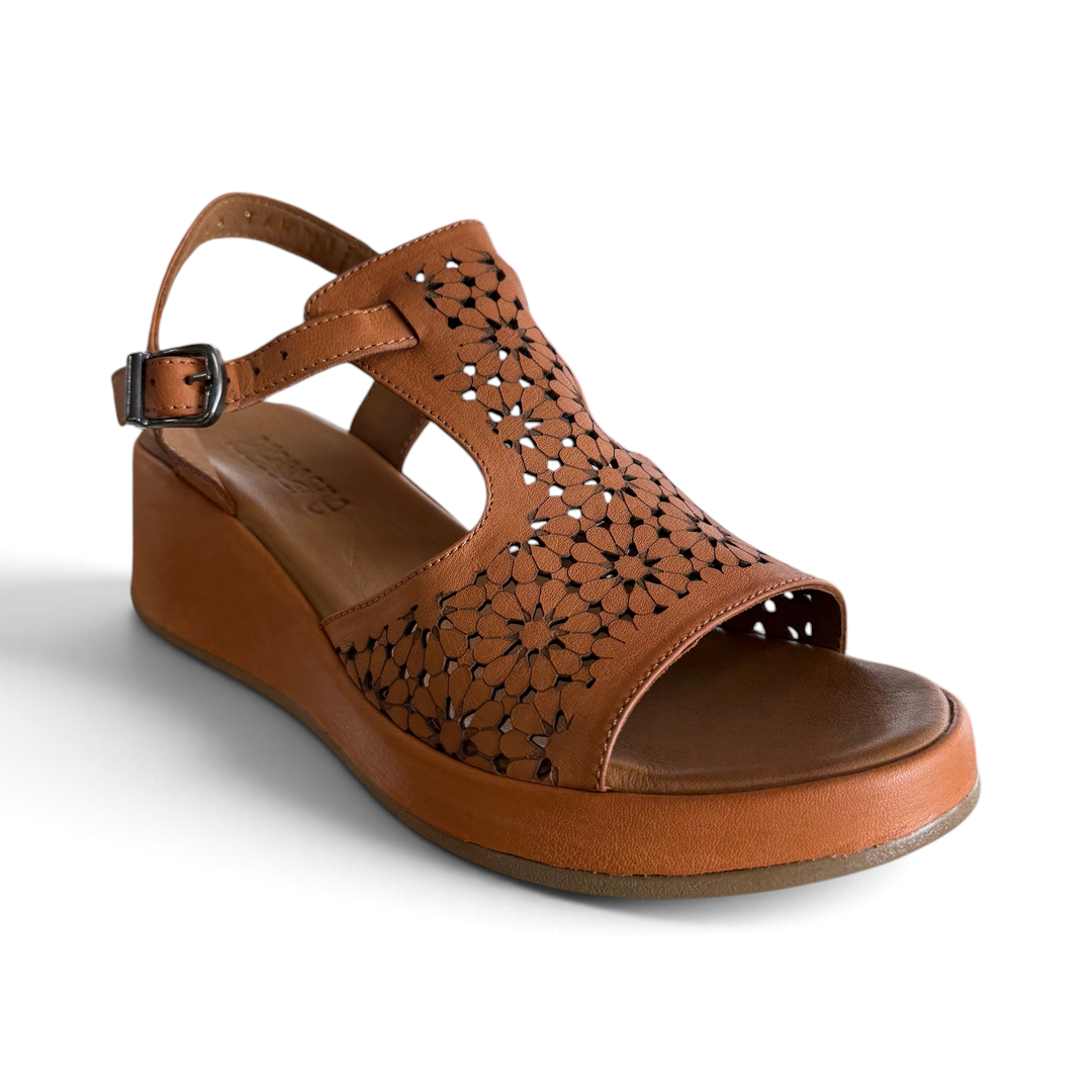 The Happy Shoe Shop Rilassare Petula tan leather wedge sandals with laser-cut floral pattern and adjustable buckle