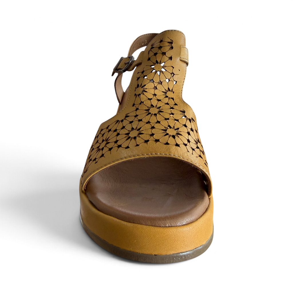 The Happy Shoe Shop Rilassare Petula tan leather wedge sandals with intricate laser-cut floral pattern