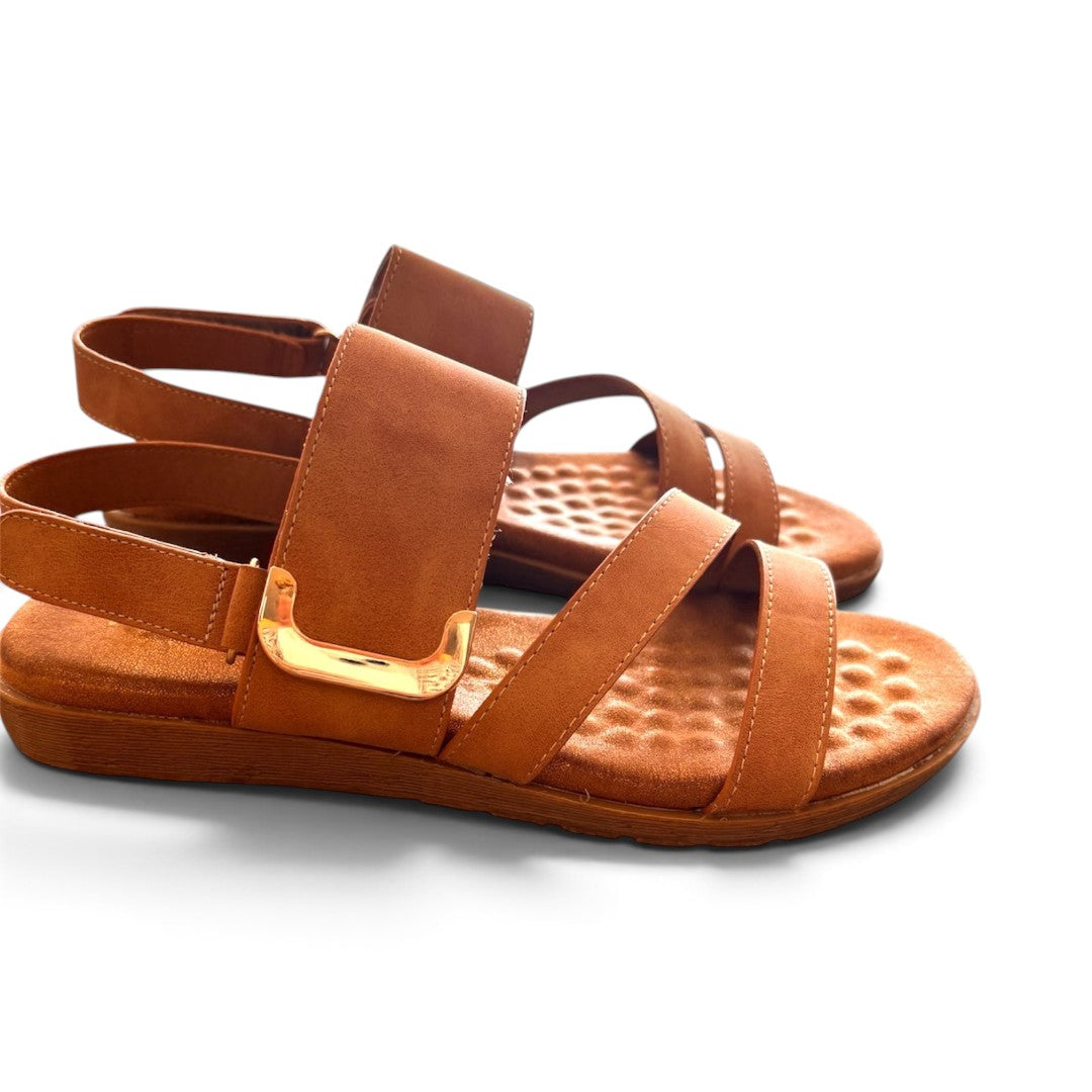 The Happy Shoe Shop Soultbush Flinders tan strappy sandals with metallic buckle and plush bubble footbed