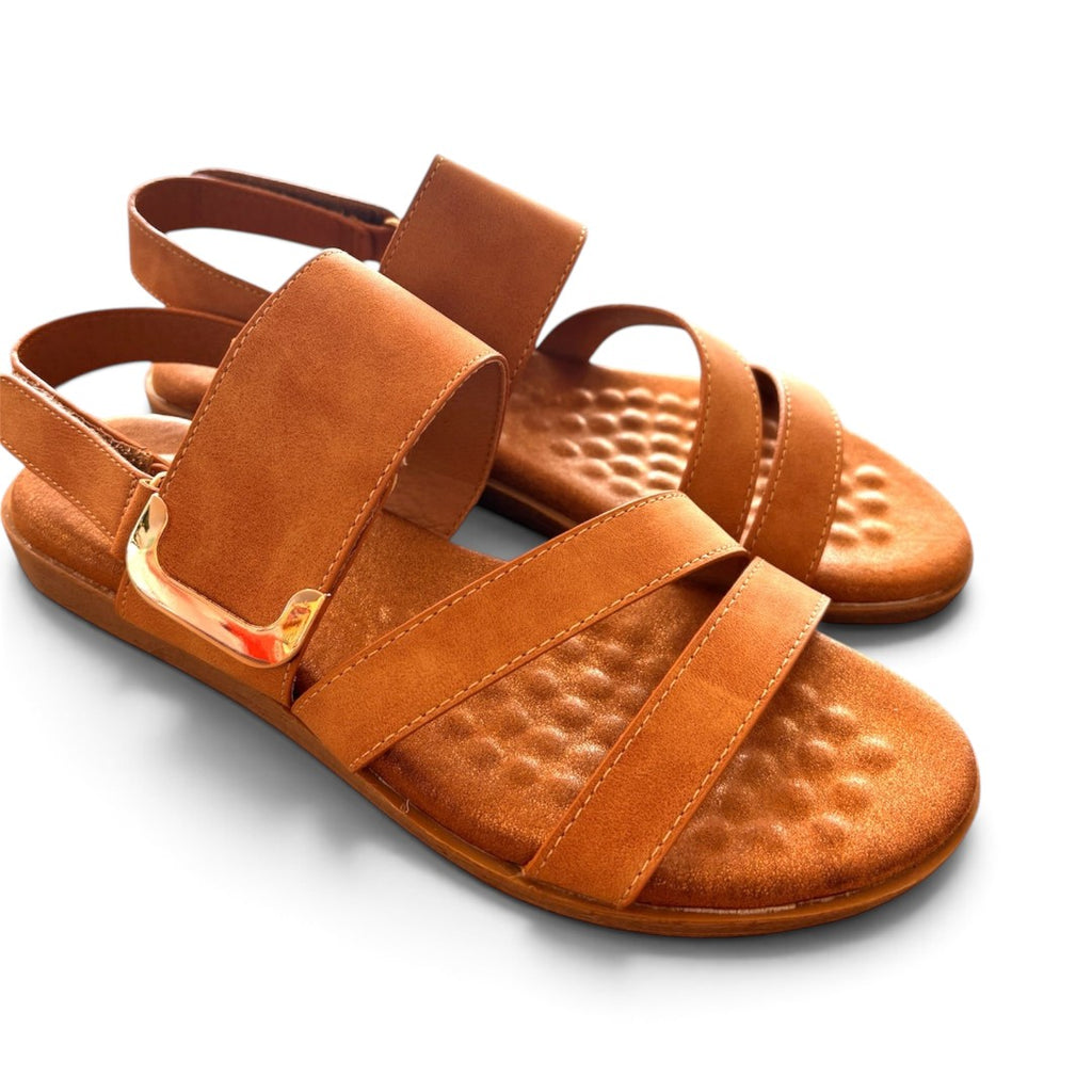 The Happy Shoe Shop Soultbush Flinders tan strappy sandals with metallic buckle and plush bubble footbed
