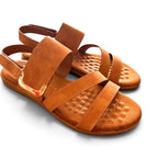 The Happy Shoe Shop Soultbush Flinders tan strappy sandals with metallic buckle and plush bubble footbed