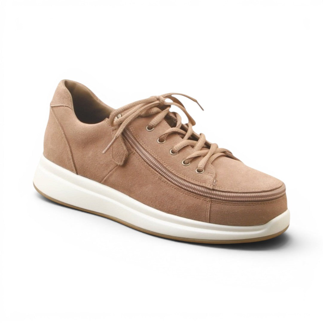 The Happy Shoe Shop Pure Comfort Zippy Sneaker in tan suede with a functional side zipper and white cushioned sole.