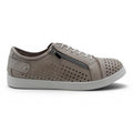 The Happy Shoe Shop Cabello EG17 taupe leather sneaker with laser-cut perforations, side zipper, and white laces.