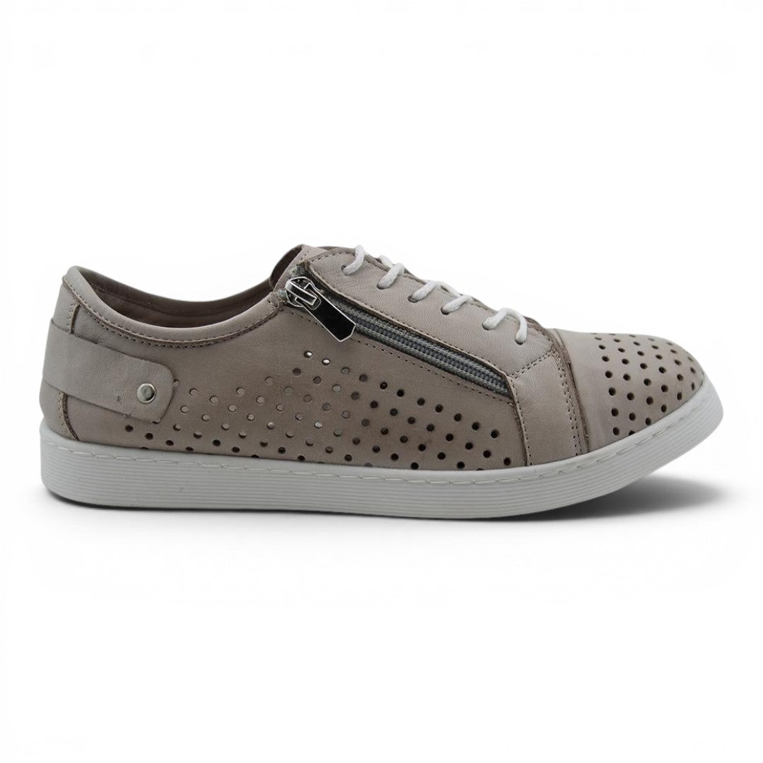 The Happy Shoe Shop Cabello EG17 taupe leather sneaker with laser-cut perforations, side zipper, and white laces.