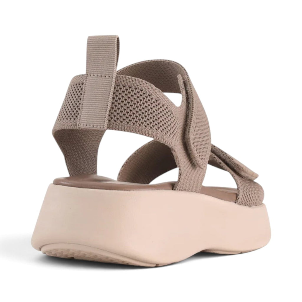 The Happy Shoe Shop Los Cabos Shebe taupe platform sandal with a breathable knit upper and adjustable velcro straps.